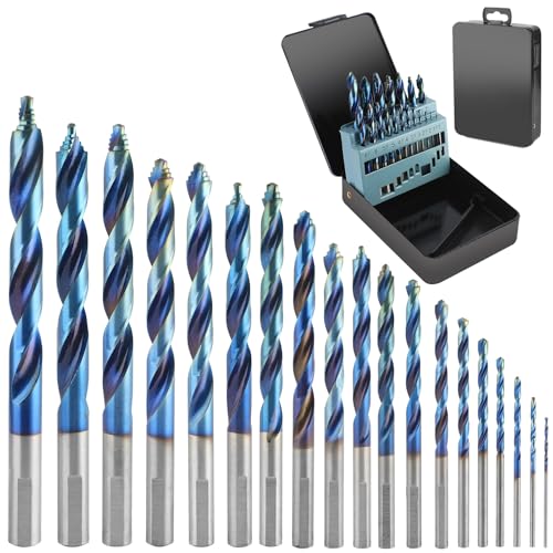 KAKILFOB Kobalt-Bohrer-Set, 135-Grad-Spitze, Hochgeschwindigkeitsstahl mit blauem Oxid-Finish, Edelstahl, Kunststoff und Holz, mit Metall-Aufbewahrungskoffer, 19-teilig von KAKILFOB