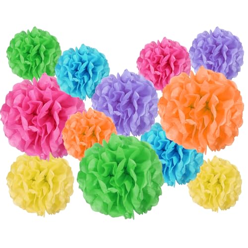 12 Stück Seidenpapier Pompons, Pompons Deko, Papierblumen Deko für Hochzeit, Geburtstag, Babyparty, Abschlussball, Gartenparty Dekor(Verschiedene Größen, Mehrfarbig) von KALIONE