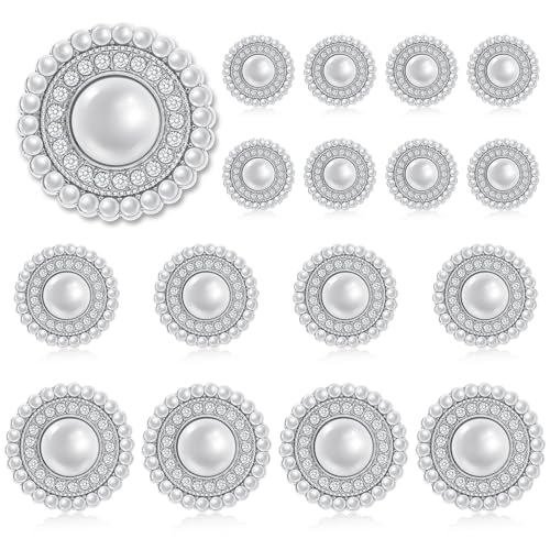 16 Stück Perlen-Strassknöpfe, Perlenblumenknöpfe Retro-Kunstperlenknöpfe Strassknöpfe 3 Größen runde Kristallknöpfe für Heimwerker Basteln Kleidung Nähen (Silber) von KALIONE