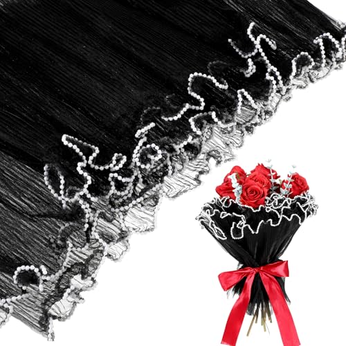 2 Stück 4m Blatt Blumenpapier, Vielseitiges Perlenrand Knitterblumen Netz Blumen Bouquet Papier Blumenstrauß Geschenkpapier Für Geburtstag Hochzeit Blumenstrauß DIY Bastel-Dekorationen (Schwarz) von KALIONE