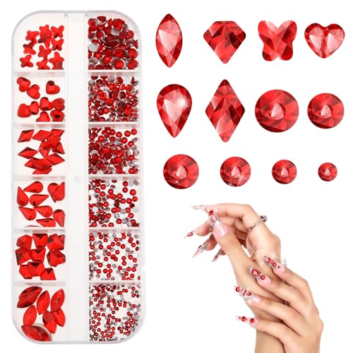 580 Stück rote Nagel-Strasssteine, rote Nagel-Edelsteine, Nagelkristalle, Charms, rote Steine für Nägel, rote Flatback-Strasssteine, Nagel-Edelsteine, Dekor für Nägel, Gesicht, Kleidung, Basteln von KALIONE