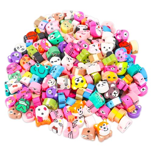 KALIONE Cartoon-Tier-Ton-Perlen, gemischte Polymer-Ton-Perlen, verschiedene Ton-Abstandshalter-Perlen, niedliche, handgefertigte Tonperlen für Armbänder, Schmuck, Bastelbedarf, 200 Stück von KALIONE