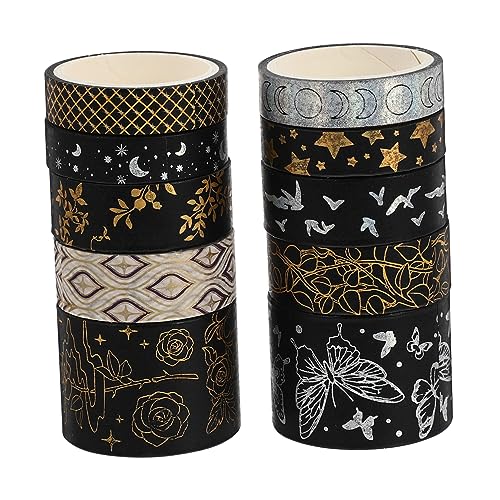 KALLORY 10 Rollen Washi-tape Hochzeits-sammelalbum Klebeband Zum Verpacken Von Geschenken Abdeckband Aus Dekorativer Folie Klebrig Gold Streifen Black Japanisches Papier von KALLORY