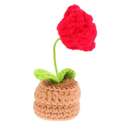 KALLORY künstliche Häkelblume drinnen Party Stiele Grüne Bürodekor Falsche Blumensträuße kleine gehäkelte Blumenverzierung gehäkelte Blume im Tischtopf handgewebte Häkelblume Polyester rot von KALLORY