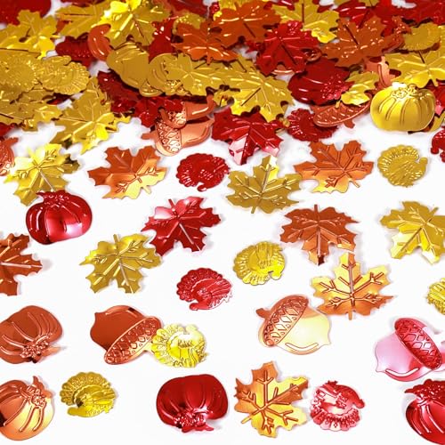 200 Stück Herbst-Konfetti, Thanksgiving Ahornblätter, Truthahn, Kürbis, Eichelstreusel, Folie, Metallic, Tischstreu-Konfetti für Herbstparty von KALOR