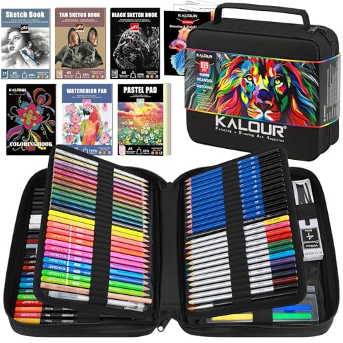 KALOUR PDAS 109 Zeichen Set Skizzenset, Pro Kunstbedarf mit Neon-, Farbstiften, Aquarell-, Metallic-, Graphit- und Kohlepenseln, 6 Skizzenbüchern und Malbuch, Geschenk für Erwachsene, Teenager KALOUR PDAS 109 Zeichen Set Skizzenset, Pro Kunstbedarf mit Neon-, Farbstiften, Aquarell-, Metallic-, Graphit- und Kohlepenseln, 6 Skizzenbüchern und Malbuch, Geschenk für Erwachsene, Teenager von KALOUR PDAS