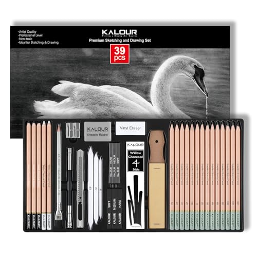 KALOUR PDAS 39-teiliges Bleistifte Set, Professionelles Zeichenstifte(5H-14B), Schwarze und Weiße Kohlebleistifte zum Zeichnen, Radierpinselstift, Kohlestäbe, Stifte Set für Künstler & Anfänger von KALOUR PDAS