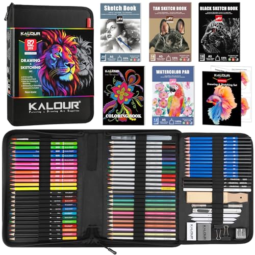 KALOUR PDAS 82 Zeichen Set Skizzenset, Pro Kunstbedarf mit Neon-, Farbstiften, Aquarell-, Metallic-, Graphit- und Kohlepenseln, 5 Skizzenbüchern und Malbuch, Geschenk für Erwachsene, Teenager KALOUR PDAS 82 Zeichen Set Skizzenset, Pro Kunstbedarf mit Neon-, Farbstiften, Aquarell-, Metallic-, Graphit- und Kohlepenseln, 5 Skizzenbüchern und Malbuch, Geschenk für Erwachsene, Teenager von KALOUR PDAS