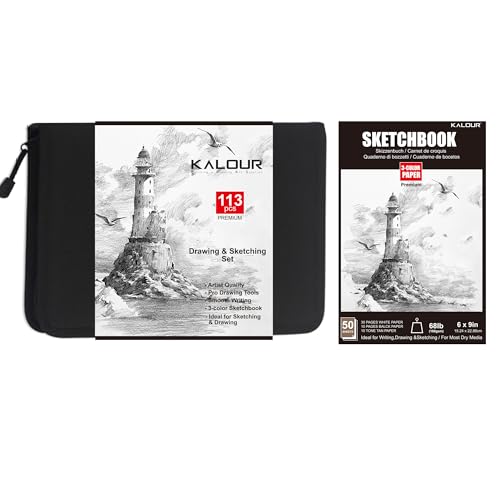 KALOUR Professionelles Skizzen-Set, 113 Teile mit 3-Farben-Skizzenbuch, Kunstbedarfsset mit Stiften und Kohle, schwarze Reißverschluss-Tasche KALOUR Professionelles Skizzen-Set, 113 Teile mit 3-Farben-Skizzenbuch, Kunstbedarfsset mit Stiften und Kohle, schwarze Reißverschluss-Tasche von KALOUR
