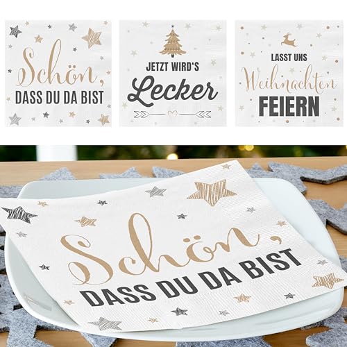 KAMACA Servietten Papierservietten Spruch „Lasst uns Weihnachten feiern", „Jetzt wird’s lecker" und „Schön, dass du da bist“ stillvolle Tischdeko Weihnachten (120 Servietten Weihnachten) von KAMACA