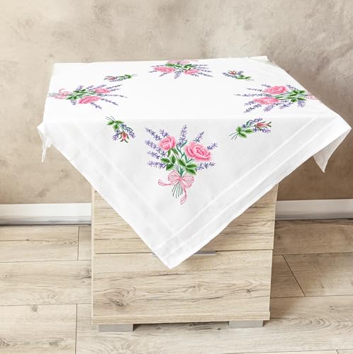 KAMACA Stickpackung Blumenwiese Kreatives Stickerei-Set mit vorgedruckter Tischdecke 10 Farben Stickgarn und detaillierter Anleitung Perfekt für Erwachsene & Anfänger (Sommersinfonie MD 80x80 cm) von KAMACA