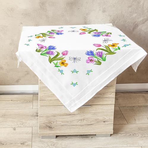 KAMACA Stickpackung Blumenwiese Kreatives Stickerei-Set mit vorgedruckter Tischdecke 14 Farben Stickgarn und detaillierter Anleitung Perfekt für Erwachsene & Anfänger (Blumenwiese MD 80x80 cm) von KAMACA