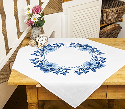 KAMACA Stickpackung Kreuzstich vorgezeichnet Baumwolle komplettes Stickset mit Stickvorlage Stickerei-Kit zum Selbersticken Erwachsene (Blauer Blumenkranz MD 80x80 cm) von KAMACA