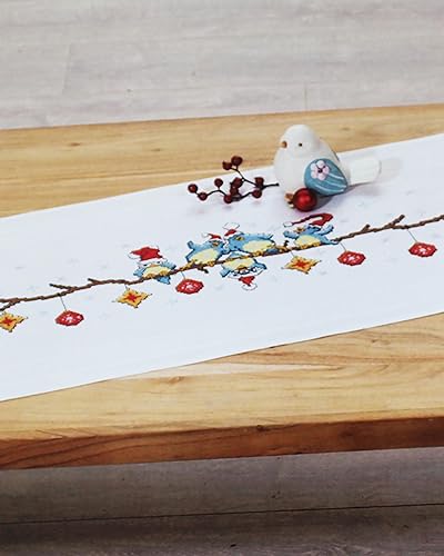 KAMACA Stickpackung Kreuzstich vorgezeichnet Baumwolle komplettes Stickset mit Stickvorlage Stickerei-Kit zum Selbersticken Erwachsene (Lustige Weihnachts – Vögel TL 40x100 cm) von KAMACA