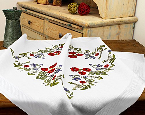 KAMACA Stickpackung Plattstich Stielstich vorgezeichnet Baumwolle komplettes Stickset mit Stickvorlage Stickerei-Kit zum Selbersticken Erwachsene (Mohnblumen – Wiese MD 80x80 cm) von KAMACA