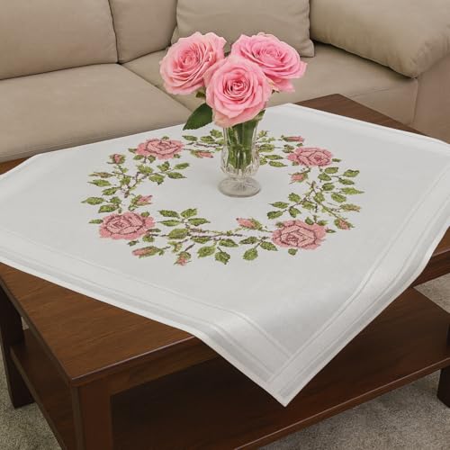 KAMACA Stickpackung Tischdecke 80x80 cm Blumen Kreuzstich-Set vorgedruckte Stickdecke inkl. Stickgarn Stickvorlage und Anleitung Stickset zum Selbersticken für Erwachsene (Rosen Kranz MD 80x80 cm) von KAMACA