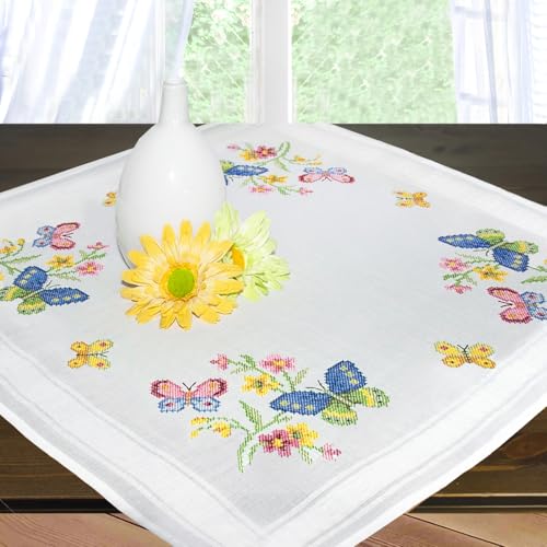 KAMACA Stickpackung Tischdecke 80x80 cm Kreuzstich-Set vorgedruckte Stickdecke inkl. Stickgarn Stickvorlage und Anleitung Stickset zum Selbersticken für Erwachsene (Schmetterlinge MD 80x80 cm) von KAMACA