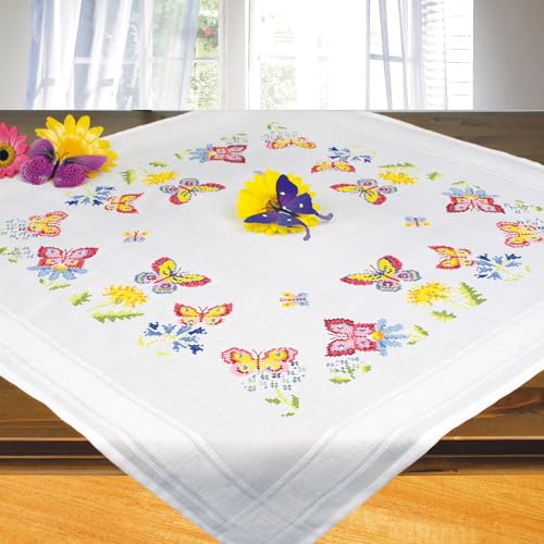 KAMACA Stickpackung Tischdecke Kreuzstich Tiere vorgedruckte Stickdecke inkl. Stickgarn Stickvorlage und Anleitung Stickset zum Selbersticken für Erwachsene (Schmetterlings - Garten MD 80x80 cm) von KAMACA