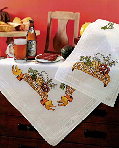 KAMACA Stickpackung Tischdecke OKTOBERFEST Kreuzstich vorgezeichnet aus Baumwolle Stickset mit Stickvorlage (Mitteldecke 80x80 cm) von KAMACA