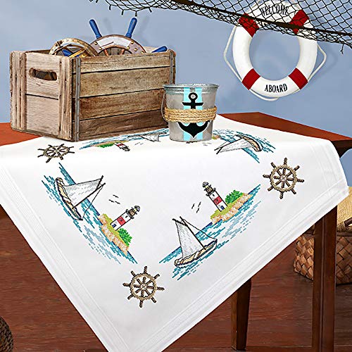 KAMACA Stickpackung Kreuzstich vorgezeichnet Baumwolle komplettes Stickset mit Stickvorlage Stickerei-Kit zum Selbersticken Erwachsene (Segelboot und Leuchtturm MD 80x80 cm) von KAMACA