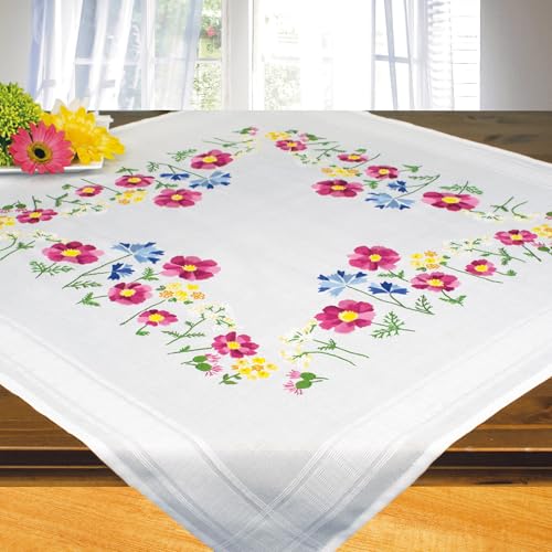 KAMACA Stickpackung Tischdecke Spannstich Blumen vorgedruckte Stickdecke inkl. Stickgarn Stickvorlage und Anleitung Stickset zum Selbersticken für Erwachsene (Blumenwiese 80x80 cm) von KAMACA