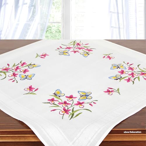 KAMACA Stickpackung Tischdecke Spannstich Blumen vorgedruckte Stickdecke inkl. Stickgarn Stickvorlage und Anleitung Stickset zum Selbersticken für Erwachsene (Iris und Schmetterlinge MD 80x80 cm) von KAMACA