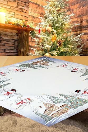 KAMACA Tischdecke Mitteldecke 85x85 cm mit hochwertigem Druck-Motiv Küche Esstisch Eyecatcher Herbst Winter Weihnachten (Schneemänner) von KAMACA