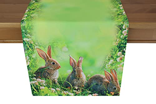 KAMACA Tischläufer Frühling Ostern Blumen Hasen Dekor Osterhasen Ostereier Bunt Waschbar Küche Esstisch Tisch Dekoration (40x140cm Hasen Trio) von KAMACA