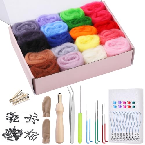 KAMAIKA Nadelfilz-Set, 20 Farben Filzwolle Set mit Filzwolle Werkzeug, Nadelfilz Starter Kit mit Filznadeln Grundwerkzeugen für Nassfilzen und Trockenfilzen DIY Filz Tier Handwerk von KAMAIKA