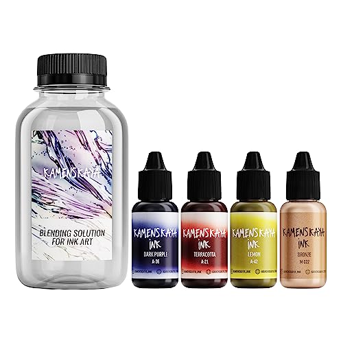 KAMENSKAYA Alcohol Ink Kit #6: Farbkombination von Alkoholtinten (4 Stück. Je 15 ml) mit Blending Solution (300 ml) von KAMENSKAYA