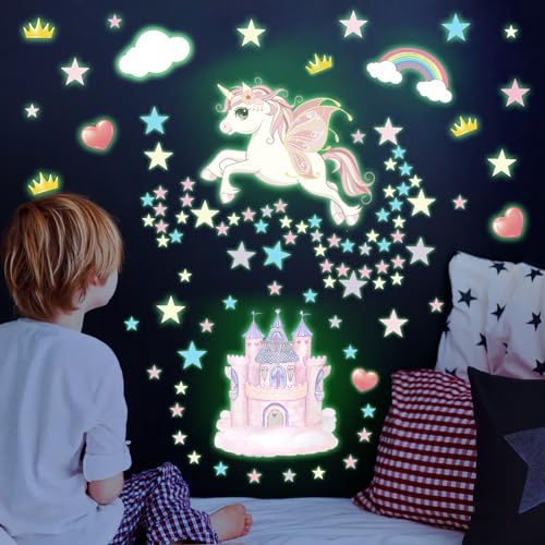 KAMEUN Regenbogen Leuchtsterne Kinderzimmer, Leuchtsterne Selbstklebend Wandsticker, Einhorn Sternenhimmel Aufkleber Wanddeko, Leuchtsticker Wandtattoo für Kinderzimmer Schlafzimmer von KAMEUN