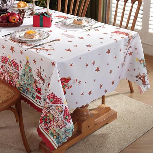 KAMEUN Weihnachtstischdecke Rot 180x150cm Rechteckige Weihnachtsbaum Weihnachten Tischtuch, Waschbare Flachs Tischwäsche Schmutzabweisende für Tischdekorationen Familienessen, Party Tischdeko (D) von KAMEUN
