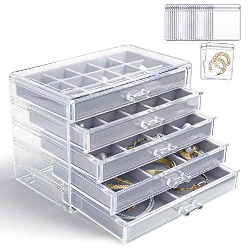 KAMIER Acryl Schmuckkästchen für Damen,Schmuckschatulle mit 5 Schubladen,Schmuckaufbewahrung mit 20 teiliges Transparentes Schmuckbeutel Set, für Ohrringe,Ringe,Halsketten,Armbänder,Vitrine, Grau von KAMIER