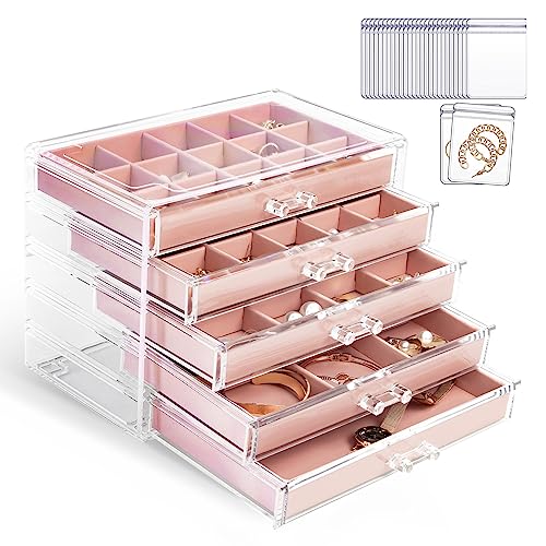 KAMIER Acryl Schmuckkästchen für Damen,Schmuckschatulle mit 5 Schubladen,Schmuckaufbewahrung mit 20 teiliges Transparentes Schmuckbeutel Set, für Ohrringe,Ringe,Halsketten,Armbänder,Vitrine, Rosa KAMIER Acryl Schmuckkästchen für Damen,Schmuckschatulle mit 5 Schubladen,Schmuckaufbewahrung mit 20 teiliges Transparentes Schmuckbeutel Set, für Ohrringe,Ringe,Halsketten,Armbänder,Vitrine, Rosa von KAMIER
