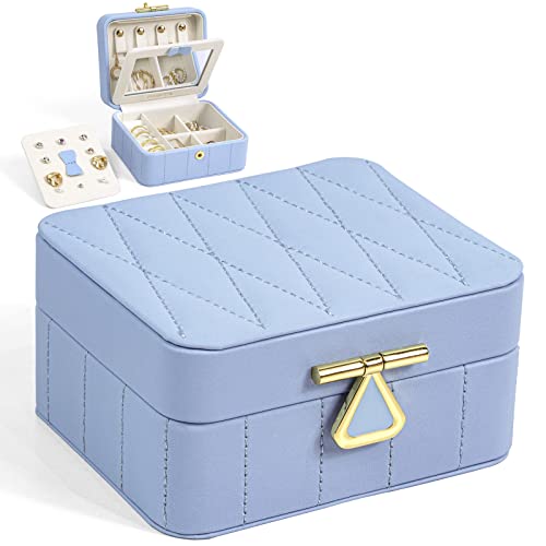KAMIER Kleine Schmuckkästchen, Reise Schmuckschatulle für Damen, Reiseschmuckaufbewahrung, PU-Leder mit Spiegel Schmuckbox, Schmuck Organizer Aufbewahrung für Halskette, Ohrringe, Armbänder Blau von KAMIER