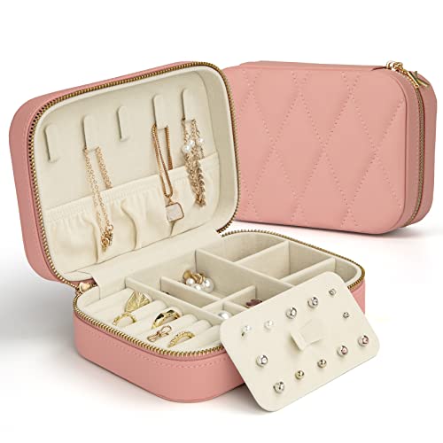 KAMIER Kleine Schmuckkästchen für Damen, Reise Schmuckbox PU Leder Schmuckschatulle für Ohrringe, Ringe, Halsketten, niedliche Schmucketui Reise für Frauen, Männer, Mädchen, Rosa von KAMIER