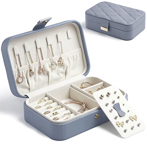 KAMIER Reise Schmuckkästchen für Damen, Schmuckaufbewahrung für Ohrringe, Ring, Halskette, klein Schmuckschatulle für Frauen, Mädchen, Ehefrau, Geschenk, Blaugrau von KAMIER