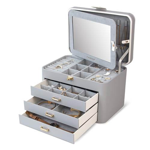 KAMIER Schmuck-Organizer für Damen, 4-lagige Schmuckschatulle mit Spiegel, 3 Schubladen, große Schmuck-Aufbewahrungsboxen für Armbänder, Ohrringe, Ringe, Halsketten, Muttertagsgeschenke für einen KAMIER Schmuck-Organizer für Damen, 4-lagige Schmuckschatulle mit Spiegel, 3 Schubladen, große Schmuck-Aufbewahrungsboxen für Armbänder, Ohrringe, Ringe, Halsketten, Muttertagsgeschenke für einen von KAMIER
