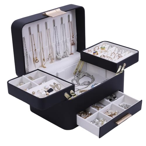 KAMIER Schmuckaufbewahrung, Schmuckkästchen mit 3 Ebenen PU-Leder, Schmuckschatulle Groß mit Schubladen,Jewelry Box für Damen, Samtiger Schutzschmuck Ohrring Ring, Armbänder (Black) von KAMIER