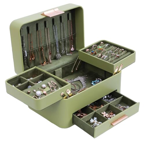 KAMIER Schmuckaufbewahrung, Schmuckkästchen mit 3 Ebenen PU-Leder, Schmuckschatulle Groß mit Schubladen,Jewelry Box für Damen, Samtiger Schutzschmuck Ohrring Ring, Armbänder (Grün) von KAMIER