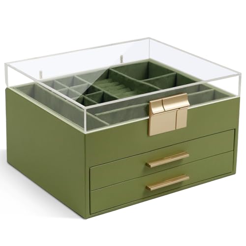 KAMIER Schmuckkästchen, Schmuckkasten 3 Ebenen,2 Schubladen, Hochwertige Transparente Schmuckschatulle Acryl, Schmuckaufbewahrung Organizer für Ketten, Ohrringe, Uhren und Armbänder (Grün) von KAMIER