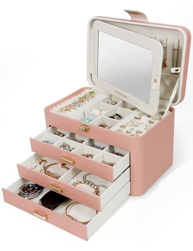 KAMIER Schmuckkästchen Groß, Schmuckkasten mit 4 für Damen, Schmuckbox mit Spiegel, Schubladen und Schloss, PU Leder Multifunktional Schmuckaufbewahrung, Griff Schmuckschatulle, Innenfutter aus Samt von KAMIER