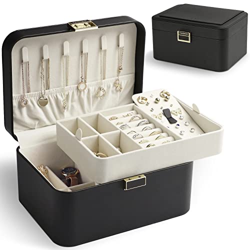 KAMIER Schmuckkästchen – Luxuriöse 2-stöckige Schmuckschatulle aus hochwertigem Flanell für Damen, geeignet für Ringe, Ohrringe, Armbänder & Halsketten, Schwarz KAMIER Schmuckkästchen – Luxuriöse 2-stöckige Schmuckschatulle aus hochwertigem Flanell für Damen, geeignet für Ringe, Ohrringe, Armbänder & Halsketten, Schwarz von KAMIER