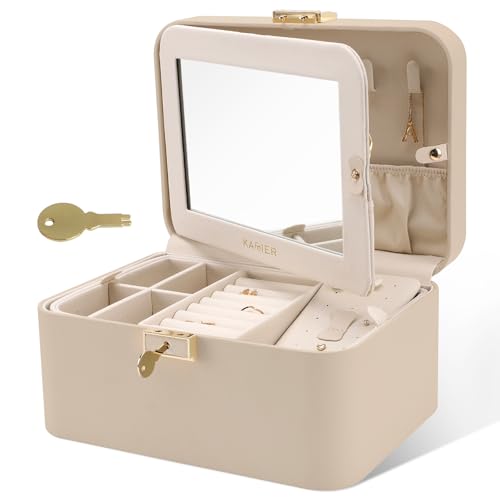 KAMIER Schmuckkästchen mit Spiegel und Schloss, 2-stöckige luxuriöse und geräumige Schmuckschatulle aus hochwertigem Flanell für Damen, Ringe, Ohrringe, Armbänder und Halsketten, Beige KAMIER Schmuckkästchen mit Spiegel und Schloss, 2-stöckige luxuriöse und geräumige Schmuckschatulle aus hochwertigem Flanell für Damen, Ringe, Ohrringe, Armbänder und Halsketten, Beige von KAMIER