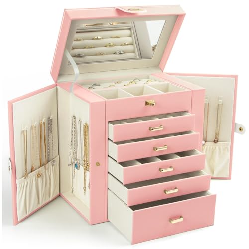 KAMIER Schmuckkasten, Große Schmuckschatulle Holz mit 6 Ebenen, Spiegel, Schubladen aus Geräumige Schmuckaufbewahrung mit seitlich öffnenden Türen für Ringe, Ohrringe & Armbänder (Rosa) von KAMIER