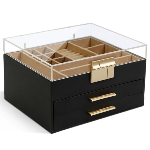 KAMIER Schmuckschatulle für Damen, Acryl-Deckel, Schmuck-Organizer mit 2 Schubladen für Halsketten, Ringe, Ohrringe, Armbänder, Schmuckaufbewahrung, Hochzeitsgeschenke, Schwarz KAMIER Schmuckschatulle für Damen, Acryl-Deckel, Schmuck-Organizer mit 2 Schubladen für Halsketten, Ringe, Ohrringe, Armbänder, Schmuckaufbewahrung, Hochzeitsgeschenke, Schwarz von KAMIER