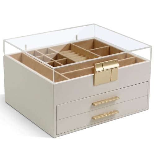 KAMIER Schmuckschatulle mit Acryl-Deckel, 3-lagiger Schmuck-Organizer, 2 Schubladen, für großen und kleinen Schmuck, Ohrringe, Ringe, Halsketten, Armbänder – Geschenk für Frauen und Mädchen, Weiß KAMIER Schmuckschatulle mit Acryl-Deckel, 3-lagiger Schmuck-Organizer, 2 Schubladen, für großen und kleinen Schmuck, Ohrringe, Ringe, Halsketten, Armbänder – Geschenk für Frauen und Mädchen, Weiß von KAMIER