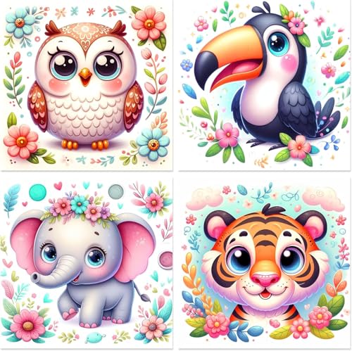 KAMIERFA 4-teiliges Set Malen nach Zahlen für Erwachsene DIY Selbermachen Handgemaltes Ölgemälde-Set Mini Paint by Numbers Ohne Rahmen Kindertiere 20x20cm von KAMIERFA