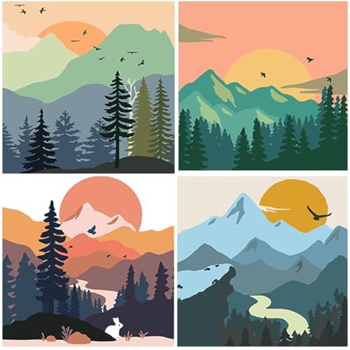 KAMIERFA 4-teiliges Set Malen nach Zahlen für Erwachsene DIY Selbermachen Handgemaltes Ölgemälde-Set Mini Paint by Numbers Ohne Rahmen Tal Sonnenaufgang 20x20cm von KAMIERFA
