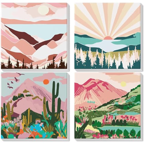KAMIERFA 4-teiliges Set Malen nach Zahlen für Erwachsene DIY Selbermachen Handgemaltes Ölgemälde-Set Mini Paint by Numbers Ohne Rahmen Tallandschaft 20x20cm von KAMIERFA